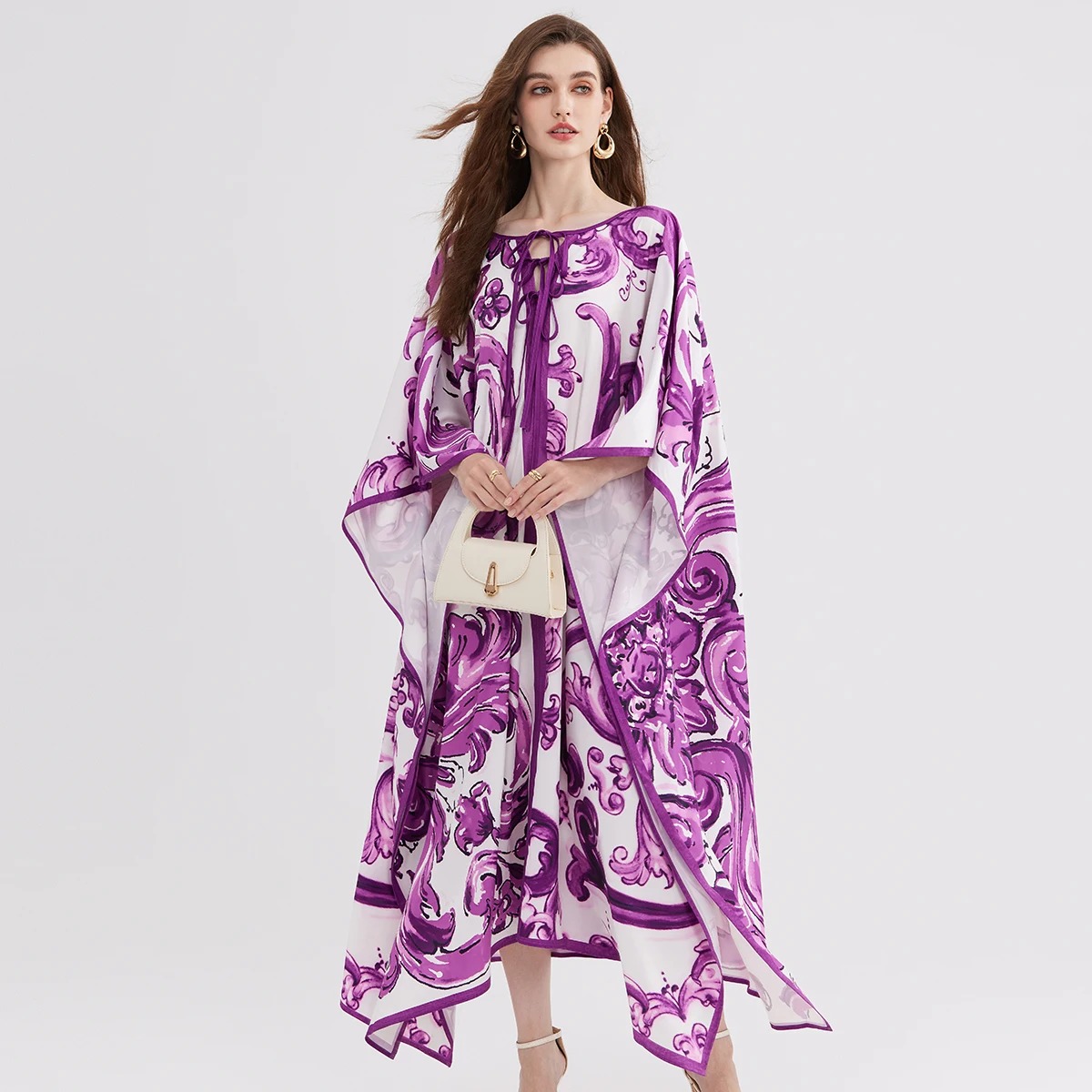 2026 Casual Dresses Purple Blue And White Porcelain Print Holiday Irregular Dresses Summer Women's Bow Tie Vintage Bohemia Loose Long Robe Vestidos