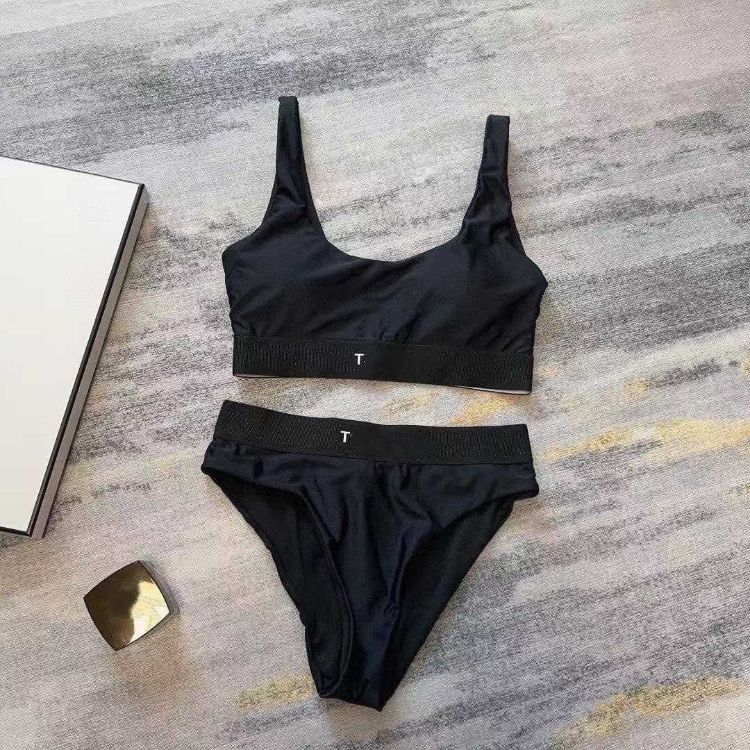 Luxury Style Black Bikini Set with Letter Elastic Waistband 2 Piece U-Neck Swimsuit for Women Beach Vacation