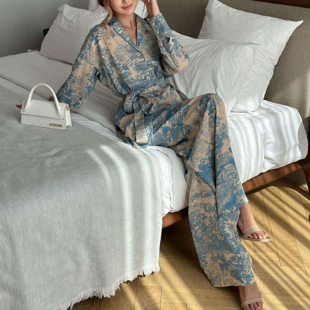 Spring Summer French Style Printed Tie Up Shirt & High Waist Wide Leg Pants Set Women Fashion Casual Two Piece Outfit Ready To Ship MAKOUFEI