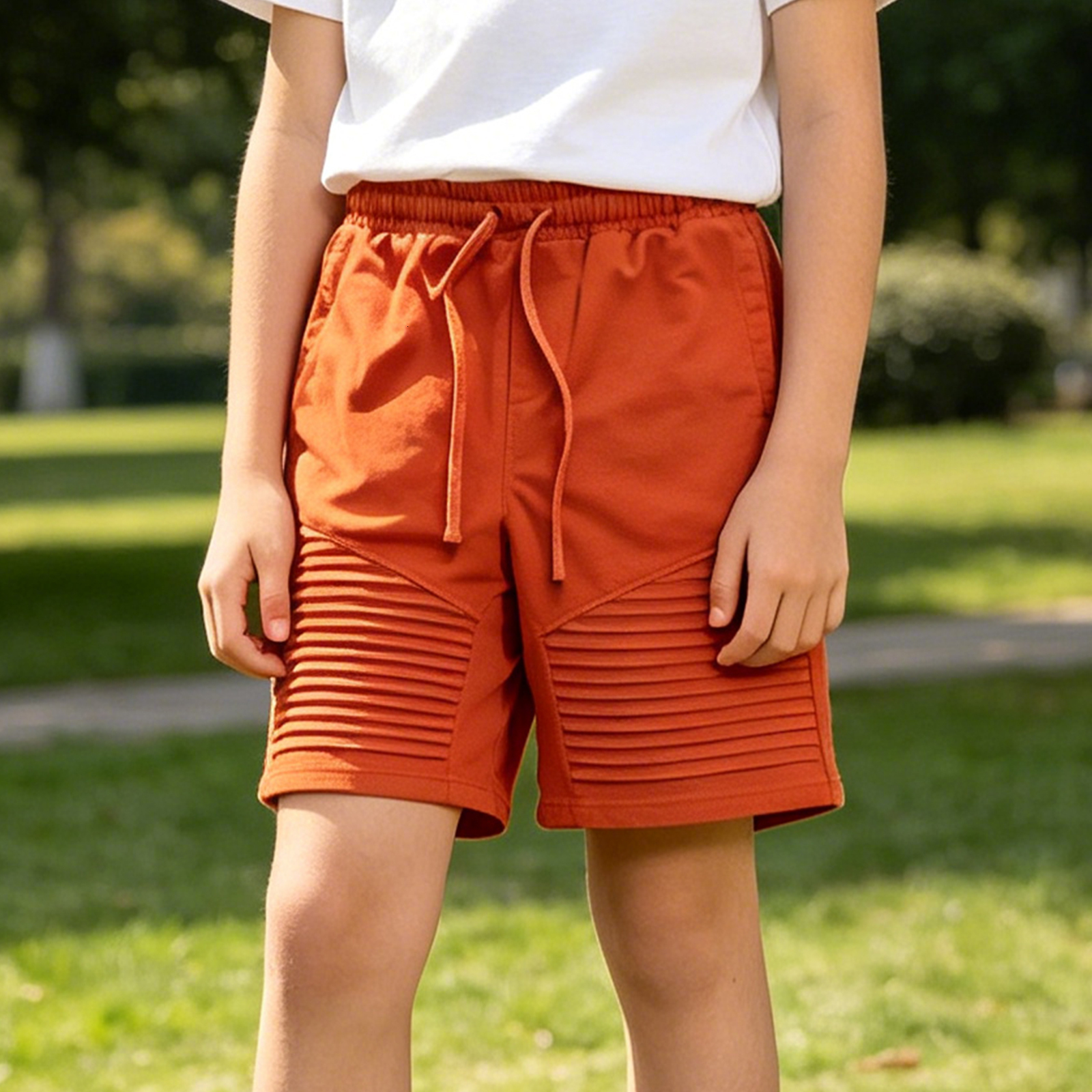 Kids Solid Orange Casual Shorts, Soft Elastic Waist Drawstring Summer Beach Shorts