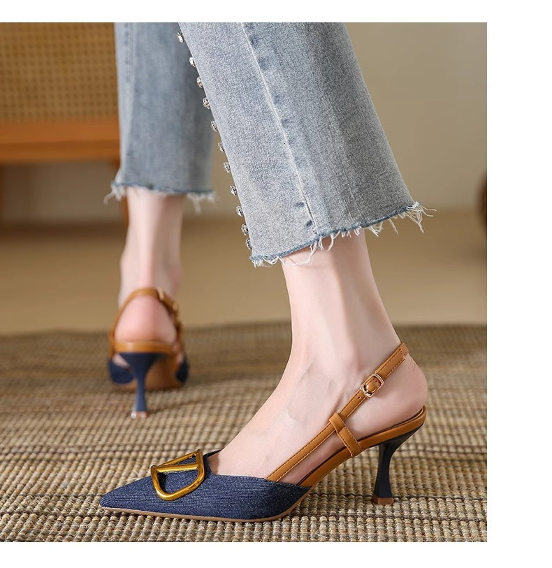Women's Denim Pointed Toe Heels Metal Buckle Elegant Pointed High-End Toe Stiletto Heels Versatile Denim Fabric High Heel Sandals big size