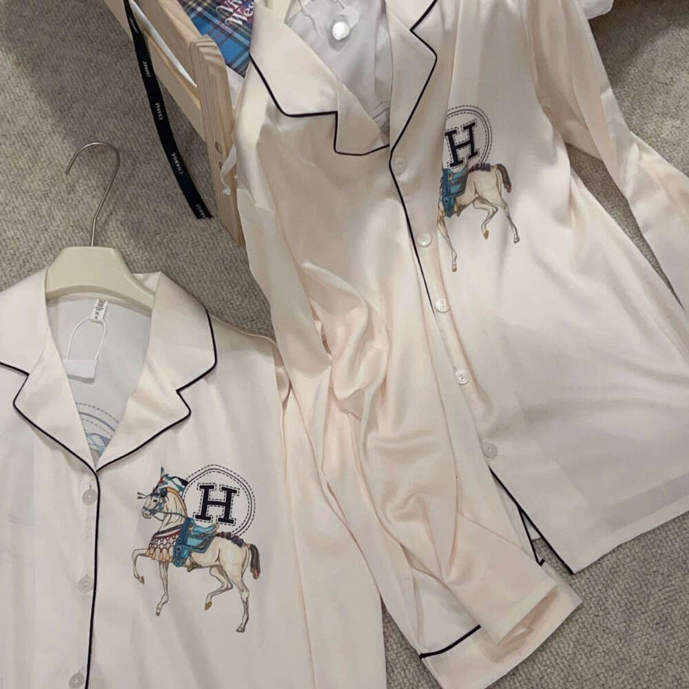 Couple Ice Silk Pajama Set Spring Long Sleeve 2 Piece Loungewear Horse Print Satin Like Soft Comfort Lightweight Casual Sleepwear Homewear For Him And