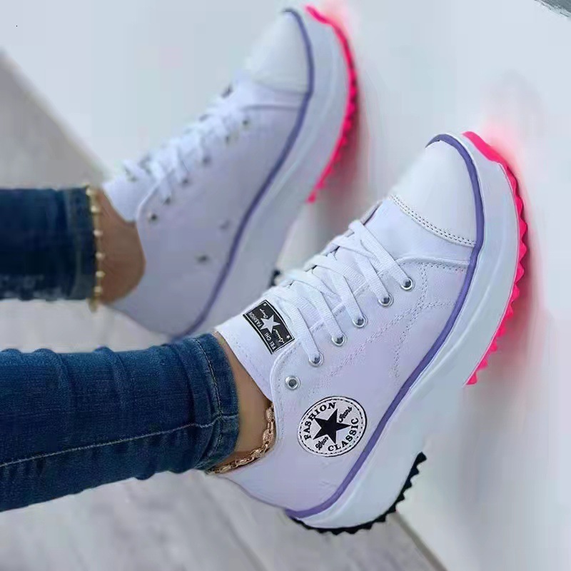 Women Black White Classic Star Logo Platform Sneakers, Lace-up Low-top Canvas Thick Sole Casual Streetwear Shoes
