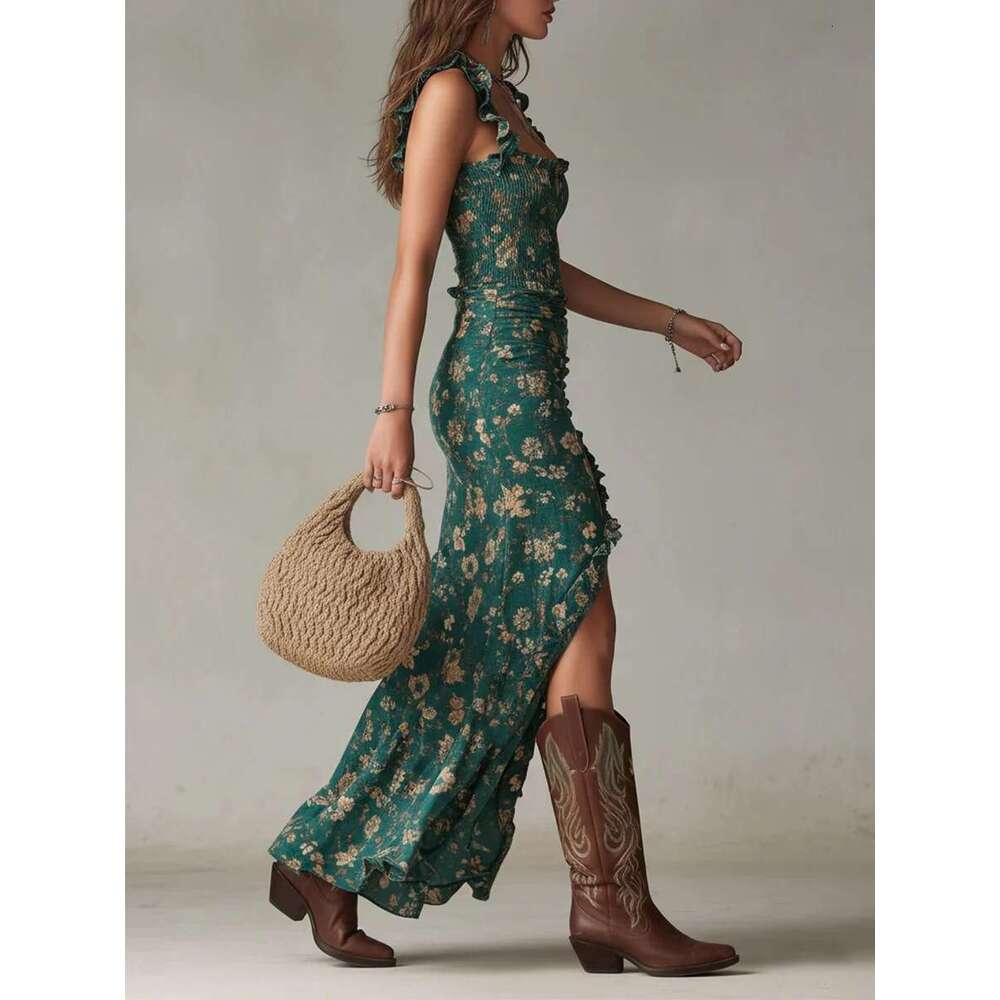 Women Elegant Floral Beach Vacation Streetwear Sexy Low Cut Beach Party Slim Slit Dress Chic Bodycon Lady Sleeveless Vestidos Dress Chinese Style Embr