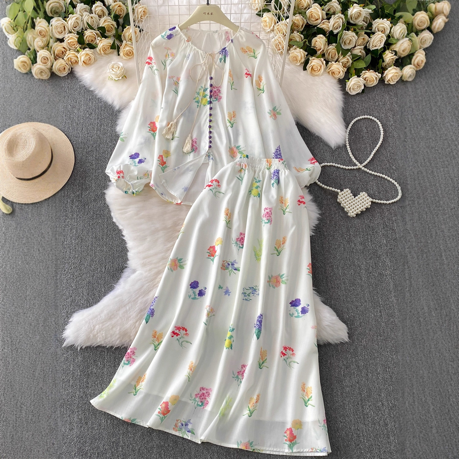 Floral 2 Piece Sets Womens Clothing Long Sleeve Single Breasted Blouse High Waist Aline Skirt Outfits Vintage Chic Korean Suit 250901