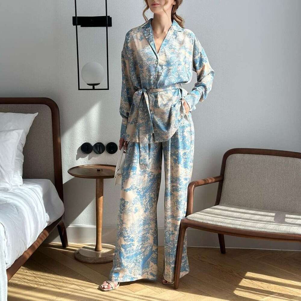 Spring Summer French Style Printed Tie Up Shirt & High Waist Wide Leg Pants Set Women Fashion Casual Two Piece Outfit Ready To Ship MAKOUFEI