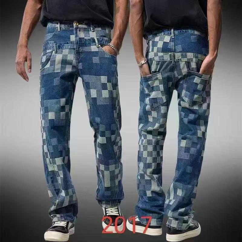 American Grid Hot Stamping Designer Loose Jeans Luxurious Men's Straight Tube Splicing Splashed Ink Micro Horn Pants Street Hip-hop Retro Youth S