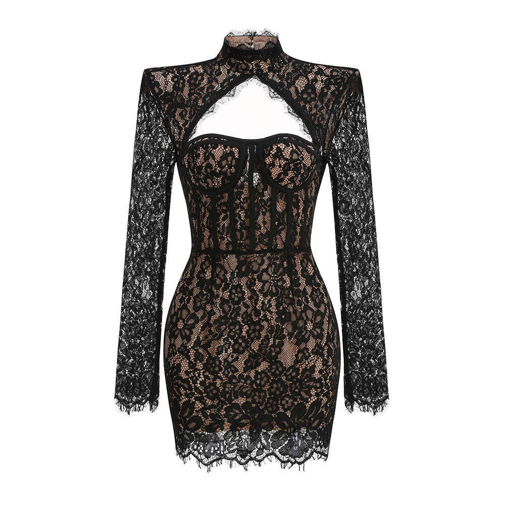 Women Casual Striped Mini Dress Short Sleeve Summer Streetwear Dress European and American style stand-up collar lace bodycon dress with hollow-out co - view 6