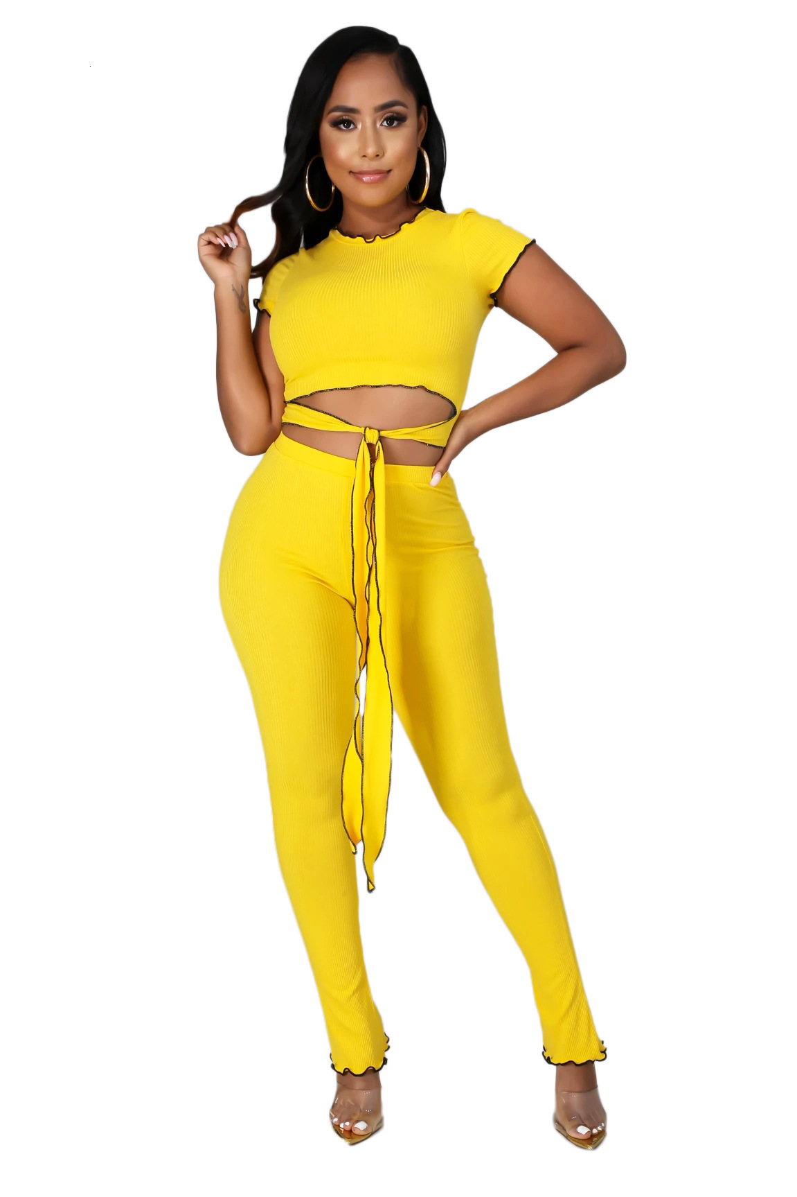 9352 Womens Casual Solid Color Cropped Two-Piece Outfit 201104