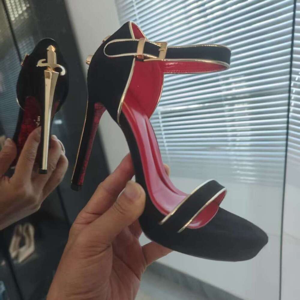 New European American Style Genuine Leather Strap High-Heeled Women's Sword And Scepter Design, Black Retro Sharp Blade Open-Toe Sandals, Trendy