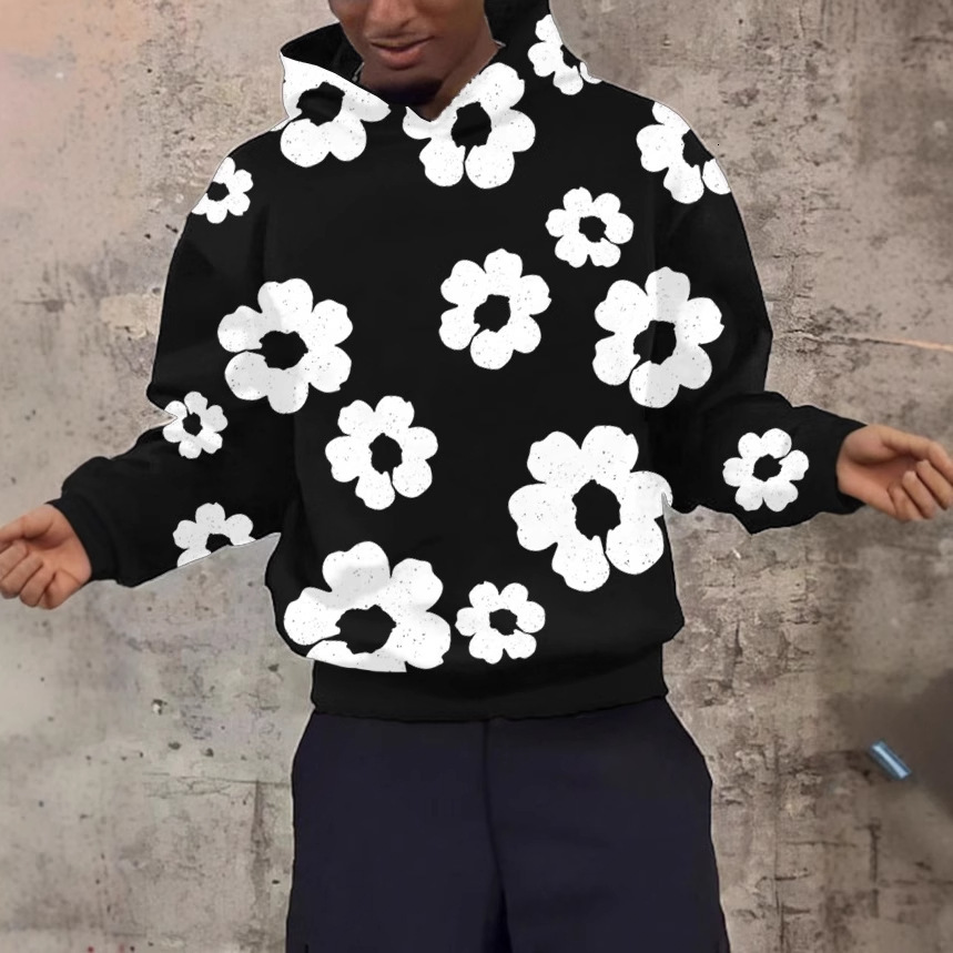 luxurious brand designer mens colormatched casual fashionable black hooded sweatshirt simple white flower pattern new style for men