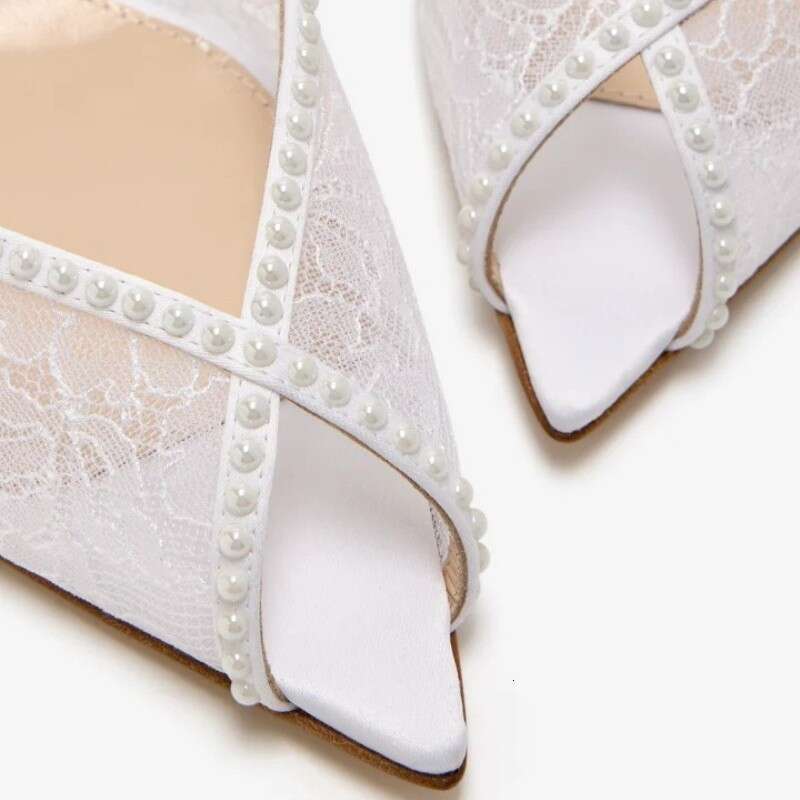 European American High Heeled Sandals With Pointed Toes White Lace Pearls And Stiletto Heels For Women S Wedding Parties - view 5