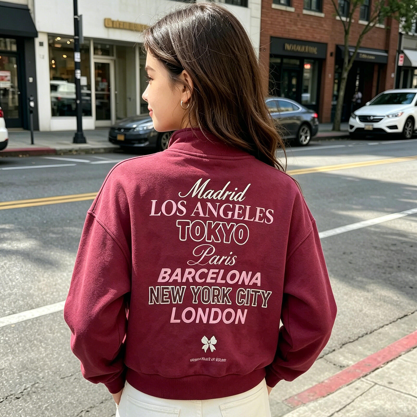 Kids Girls Pink Half Zip Sweatshirt, "97 WORLD TOUR" City Print Pullover with Bow Detail