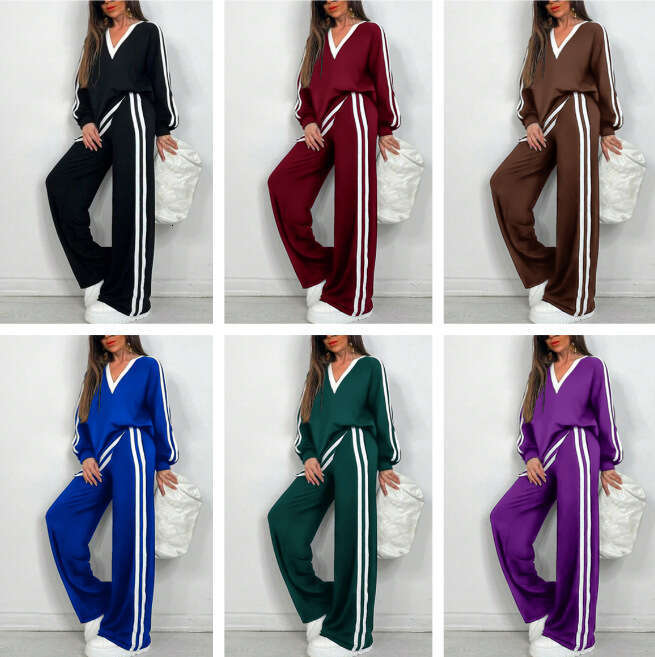 Luxury Autumn/Winter European And American Cross-Border Fashion Casual V-Neck Striped Long-Sleeve Pants Set New Round-Neck Women's Outfit