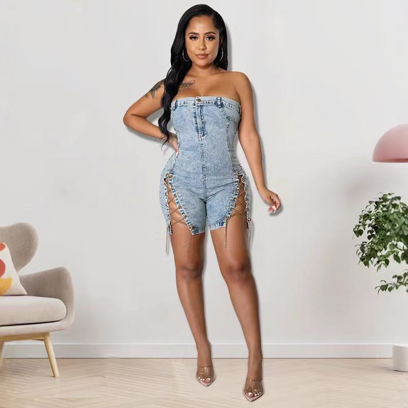 Designer Tracksuits Women Denim Two Piece Sets Spring Summer Clothes Sexy Bandage Bra Top and Short Pants Matching Sets Blue Jeans 2pcs suits 9229