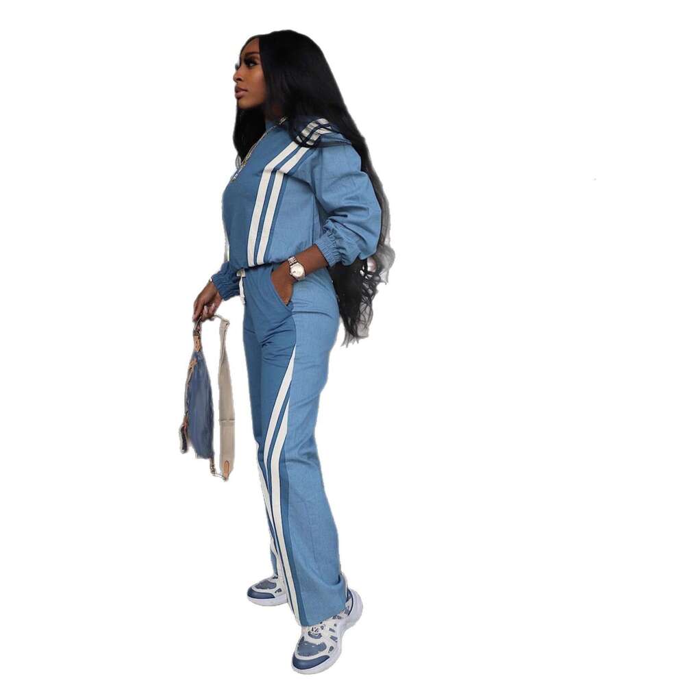 Luxury Autumn/Winter European American Sports Style Color-Blocking Faux Denim Striped Long-Sleeve Sweatshirt And Drawstring Pants Two-Piece Set - view 6