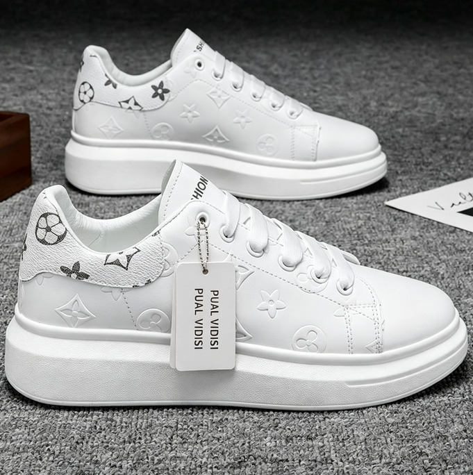 White Chunky Sneakers Leather Platform Casual Shoes Autumn New Men's Thick-Soled Height-Increasing
