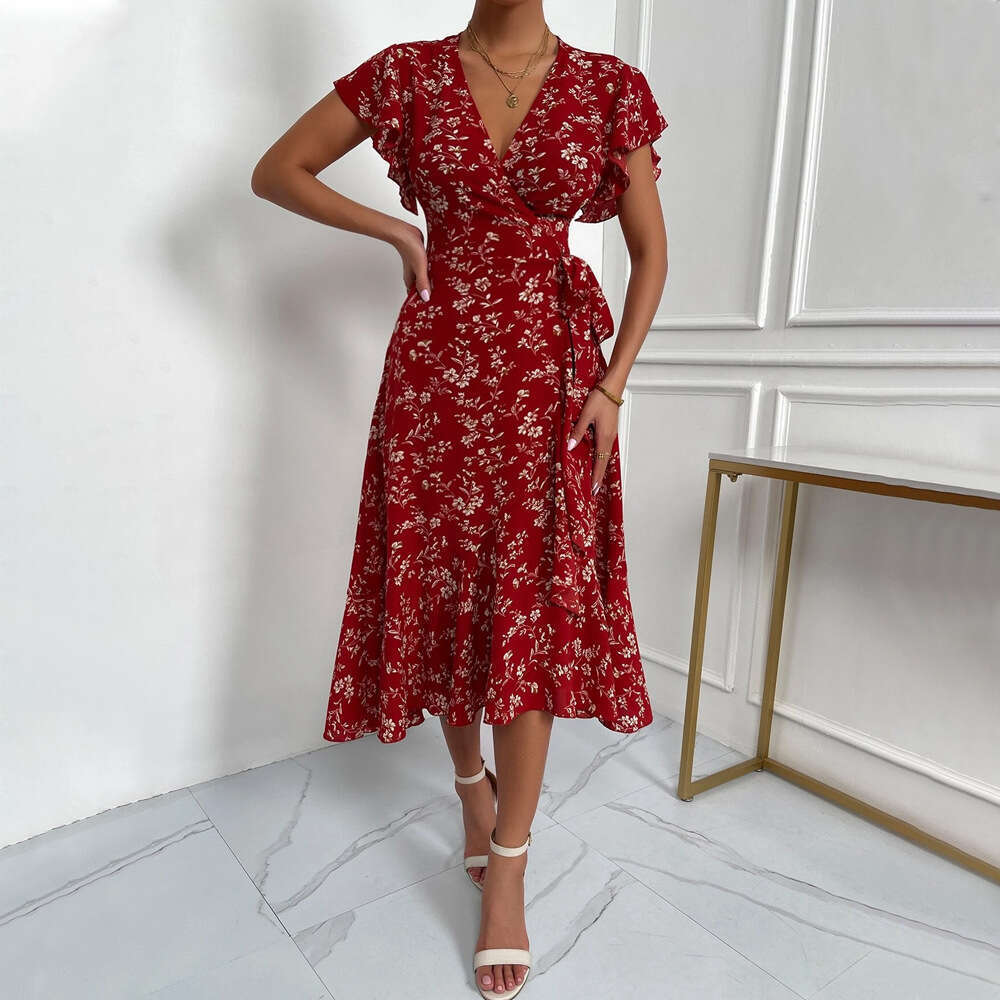 Women Sexy Deep V Lace Up Floral Maxi Dress Fashion High Waist Cinch Vacation Beach Party Long Dress Summer Hot Sale MAKOUFEI