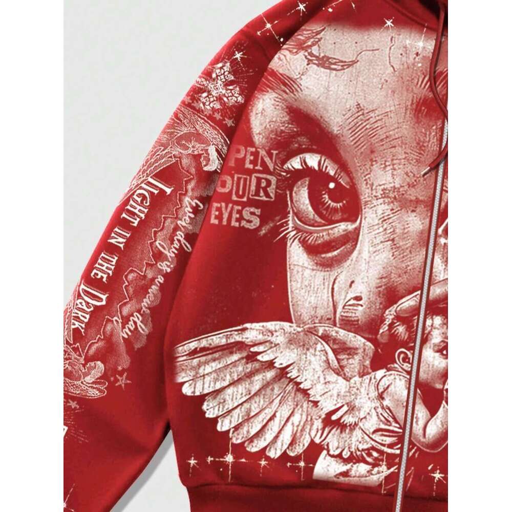 ROMWE MEN Life Spring Graphic Red Men's Casual Fashion Street Angel Print Zip-Up Drawstring Hooded Fleece Sweatshirt, Warm For Autumn/Winter, Y2k - view 5