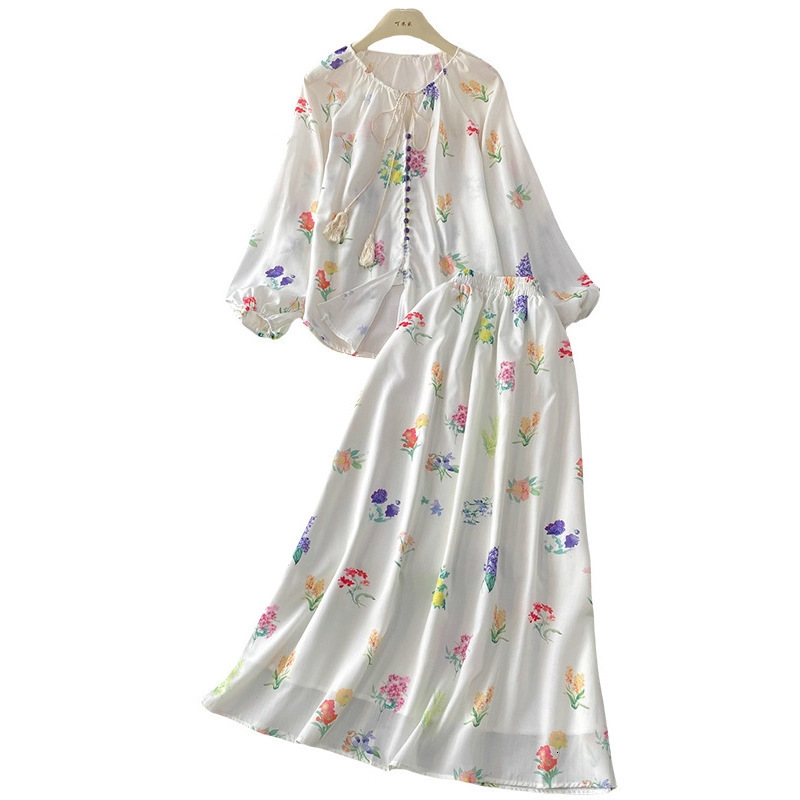 Floral 2 Piece Sets Womens Clothing Long Sleeve Single Breasted Blouse High Waist Aline Skirt Outfits Vintage Chic Korean Suit 250901