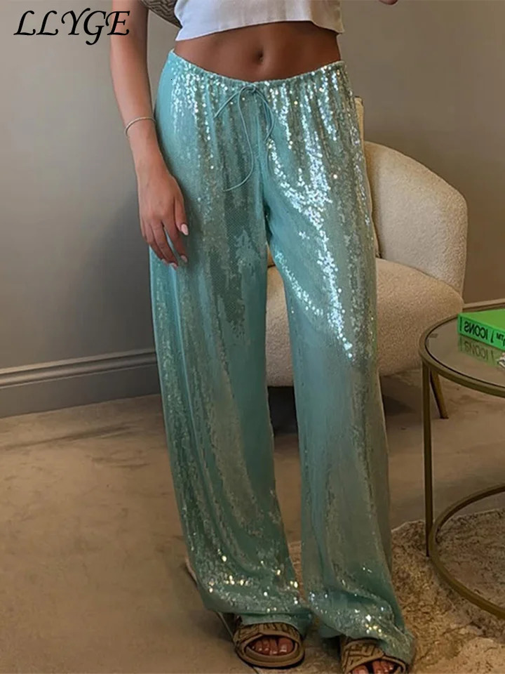 Street Sequin Lace Up Pants Women Elastic Low Waist Wide Leg Trousers Female Spring Summer Lady Shiny Party Club Clothes 260418