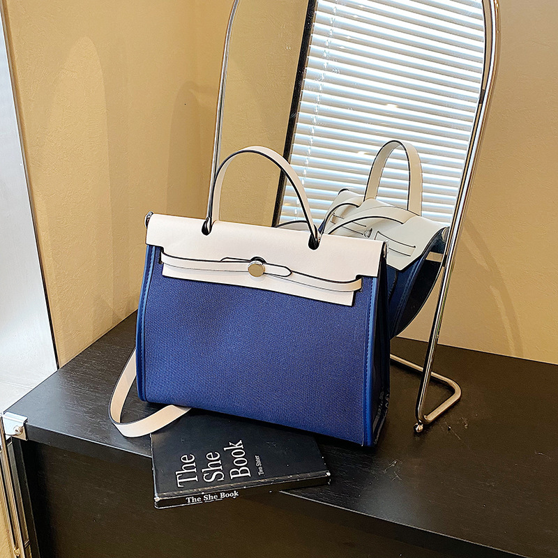 Free Shipping High Value Beige and Brown Canvas Tote Bag Color Block Design Large Capacity Casual Shoulder Crossbody Bag