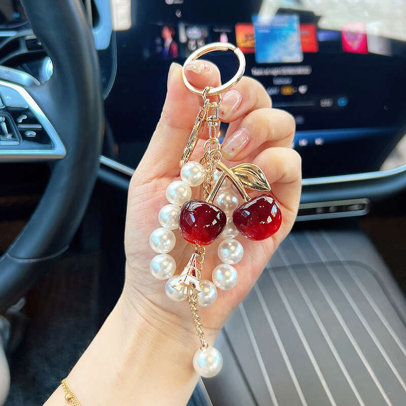 Fashionable Faux Pearl Chain Pendant, Charming Double Cherry Car Keychain Gift Women, Sparkling With A White Iron Tower, Suitable For Commuting And Sc