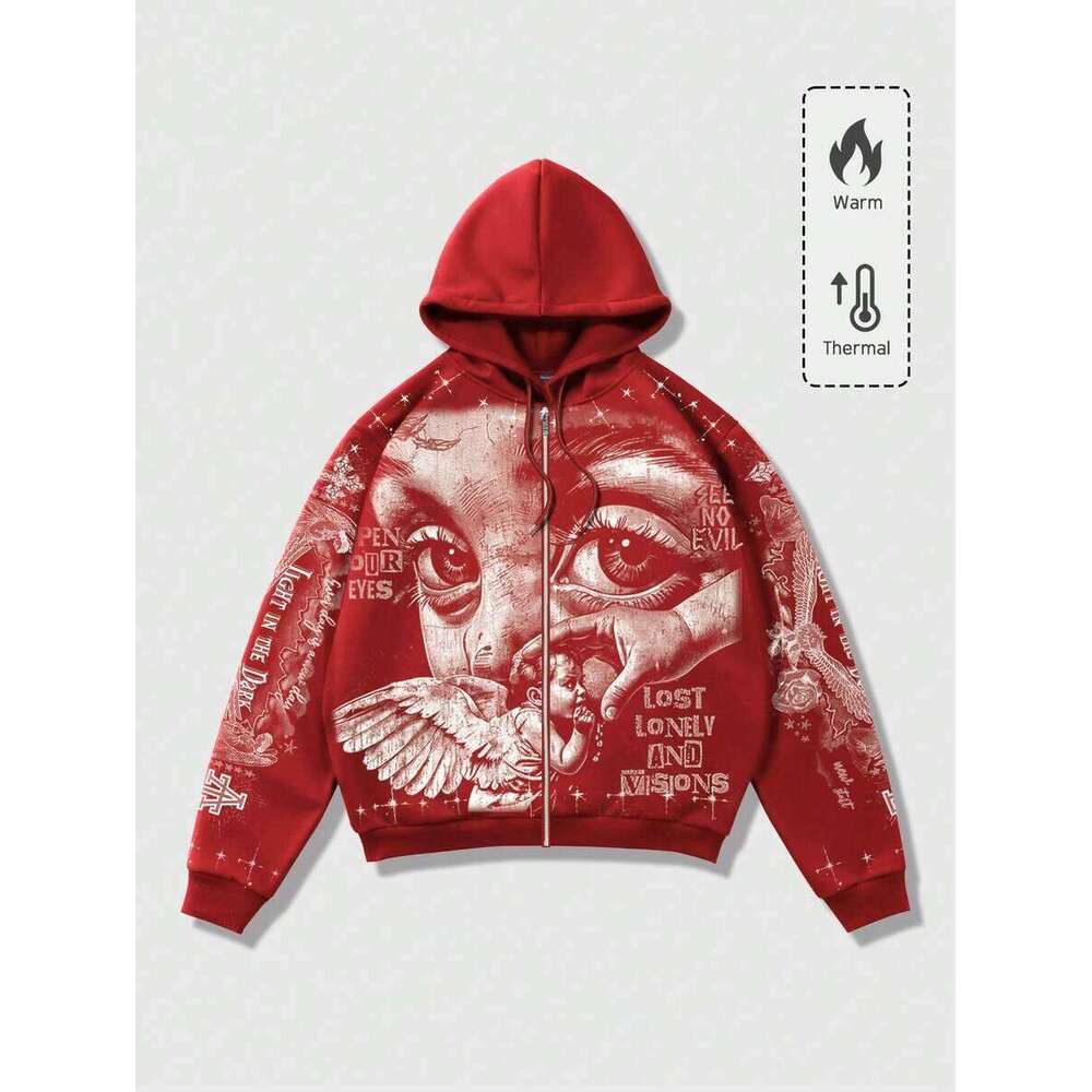 ROMWE MEN Life Spring Graphic Red Men's Casual Fashion Street Angel Print Zip-Up Drawstring Hooded Fleece Sweatshirt, Warm For Autumn/Winter, Y2k - view 4