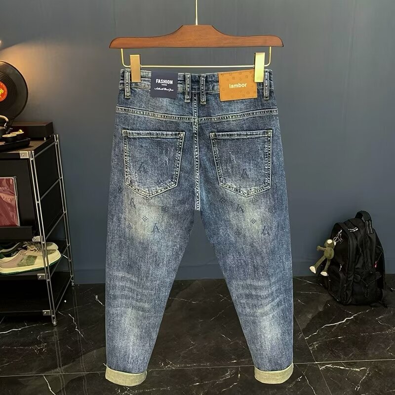 Vintage Distressed Patch Designer Jeans Luxuriy Men's Slim Fit Loose High-end Elastic Cropped Pants Youth Street Fashion Brand Basic Sports And L