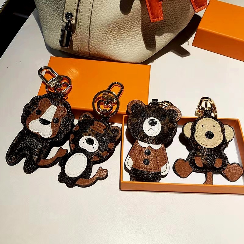 Classic Vintage Flower Bag Charms Monkey Tiger Lion Bear French Bulldog Pendant Cute Genuine Leather Car Keychain