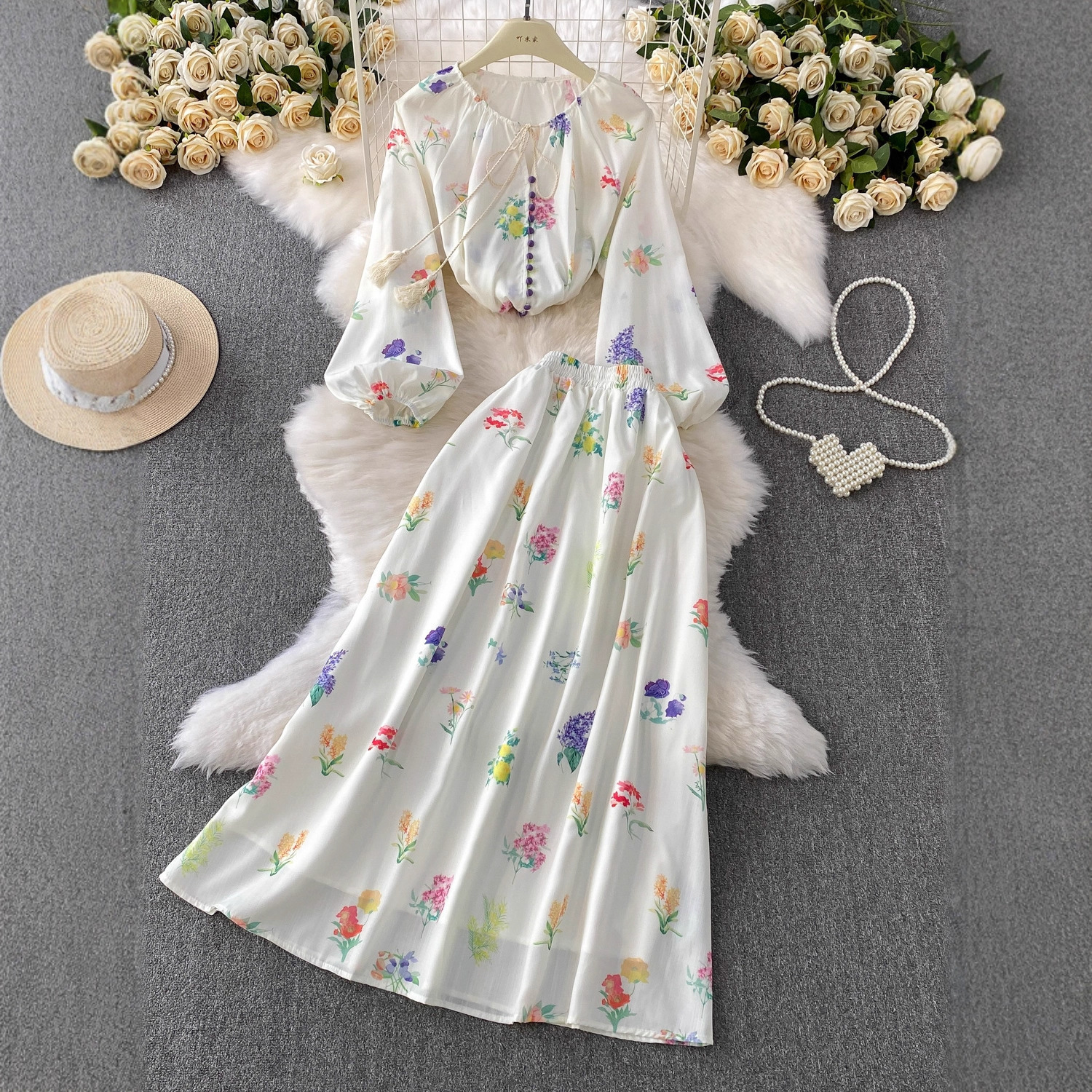 Floral 2 Piece Sets Womens Clothing Long Sleeve Single Breasted Blouse High Waist Aline Skirt Outfits Vintage Chic Korean Suit 250901