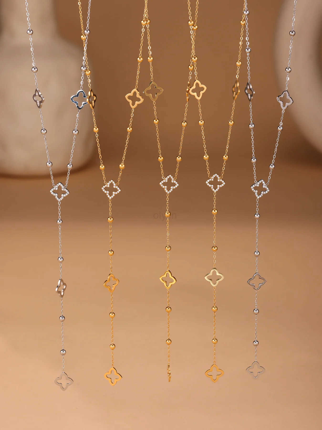 Nivora Gorgeous Luck Clover Zircon Long Chain Stainless Steel Necklaces For Women Metal Female Collar Wedding Banquet Jewelry H260420 - view 5