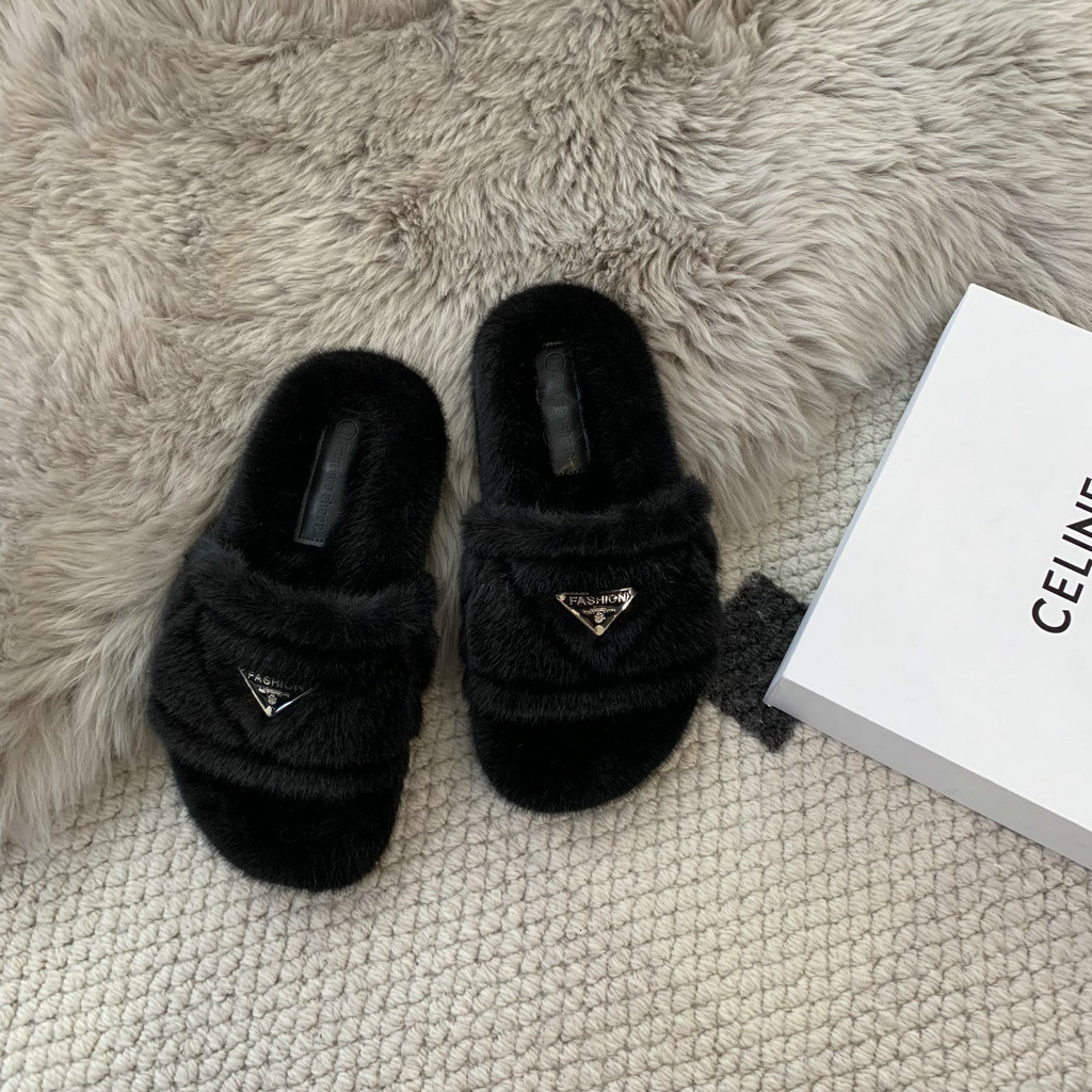 Thick-Soled French-Style Furry Shoes Women, Suitable For Outdoor Wear New Autumn And Winter Warm Cotton Slippers