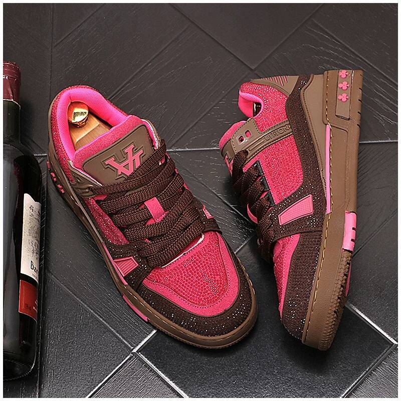 Women's Pink Brown Colorblock Sneakers Low-top Casual Skate Shoes high-end rhinestone casual shoes designer niche sneakers
