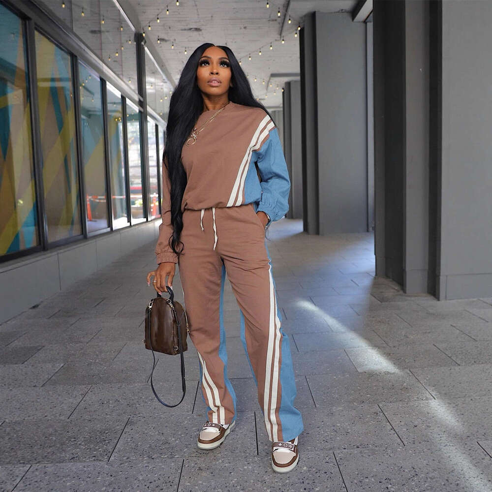 Luxury Autumn/Winter European American Sports Style Color-Blocking Faux Denim Striped Long-Sleeve Sweatshirt And Drawstring Pants Two-Piece Set - view 3