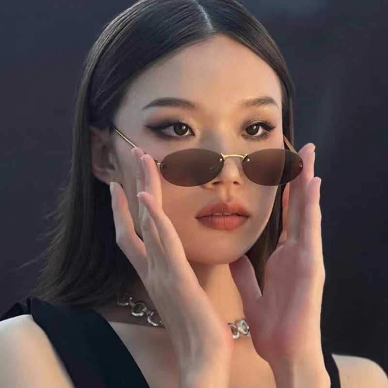 Rimless Sunglasses Women Metal Frame Glasses Chic Eye Sun Glasses Ocean Film Shades Framelss Oval Eyewear 260104