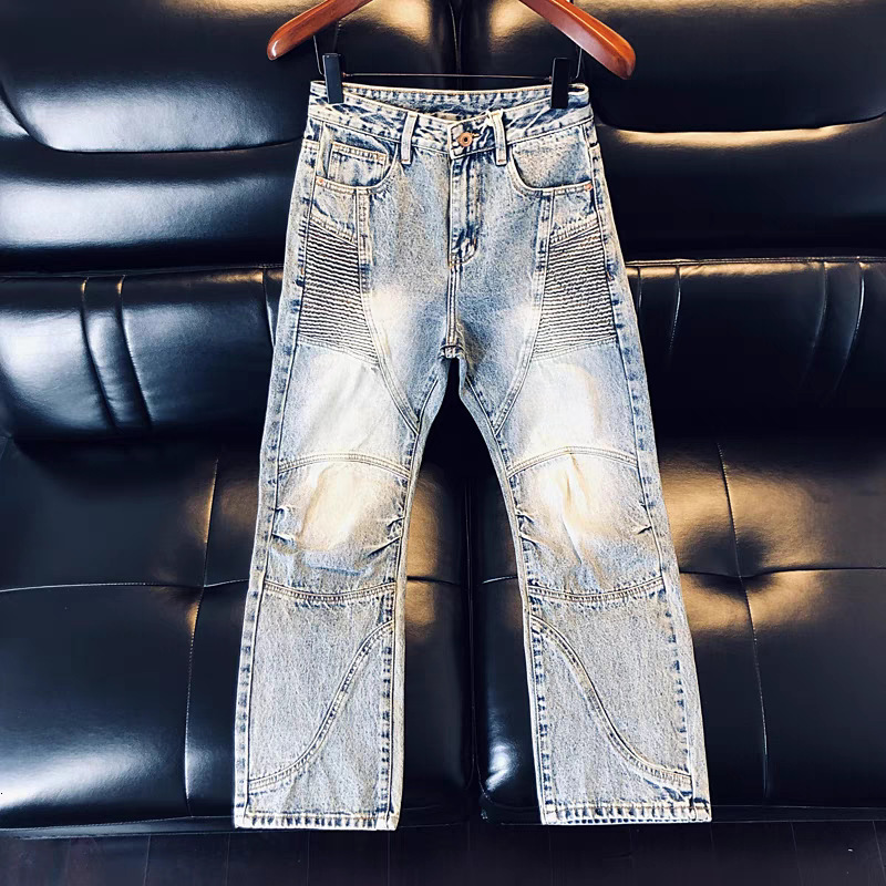 American Grid Hot Stamping Designer Loose Jeans Luxurious Men's Straight Tube Splicing Splashed Ink Micro Horn Pants Street Hip-hop Retro Youth S