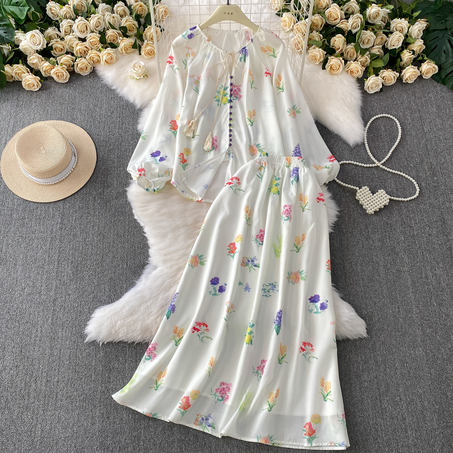 Floral 2 Piece Sets Womens Clothing Long Sleeve Single Breasted Blouse High Waist Aline Skirt Outfits Vintage Chic Korean Suit 250901