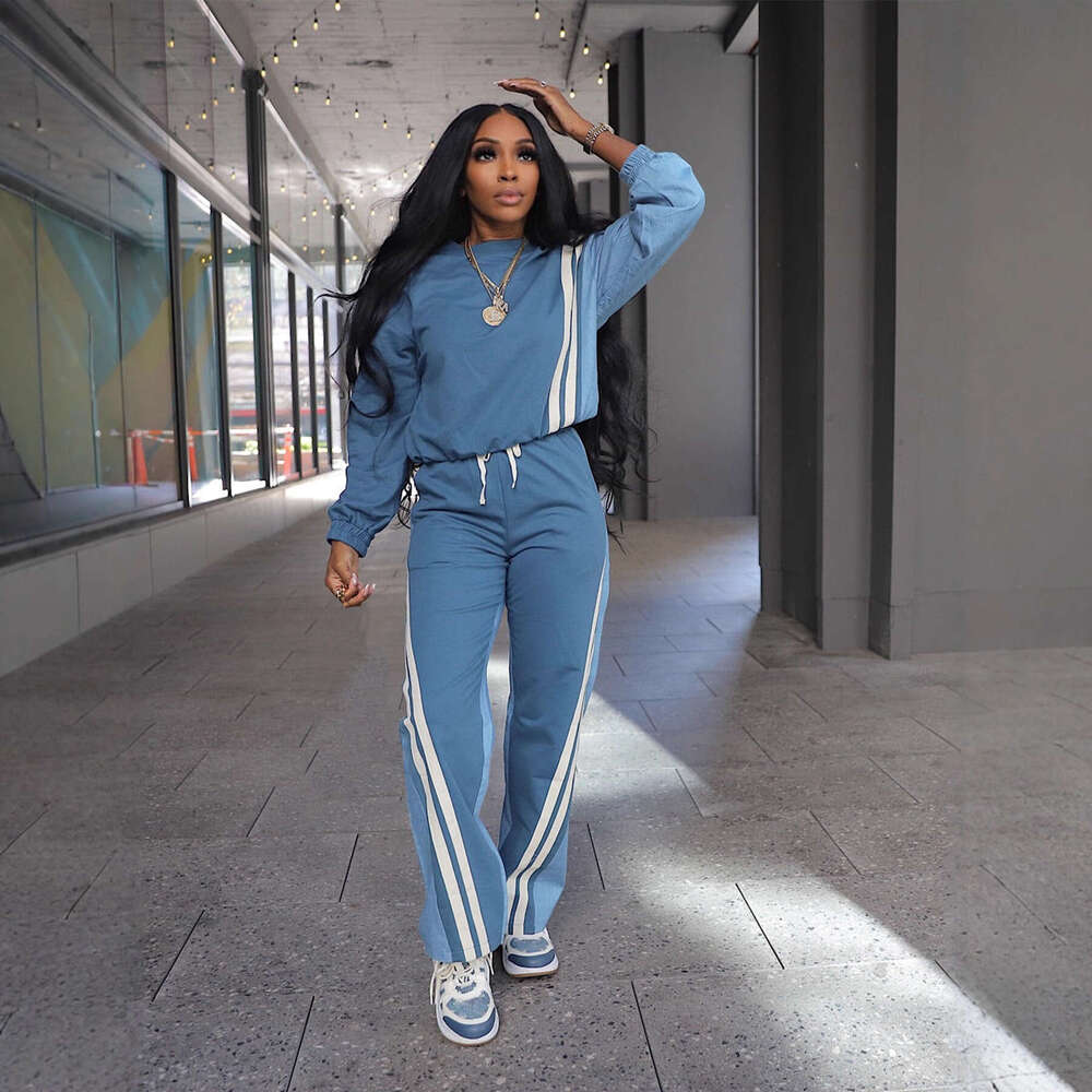 Luxury Autumn/Winter European American Sports Style Color-Blocking Faux Denim Striped Long-Sleeve Sweatshirt And Drawstring Pants Two-Piece Set - view 5