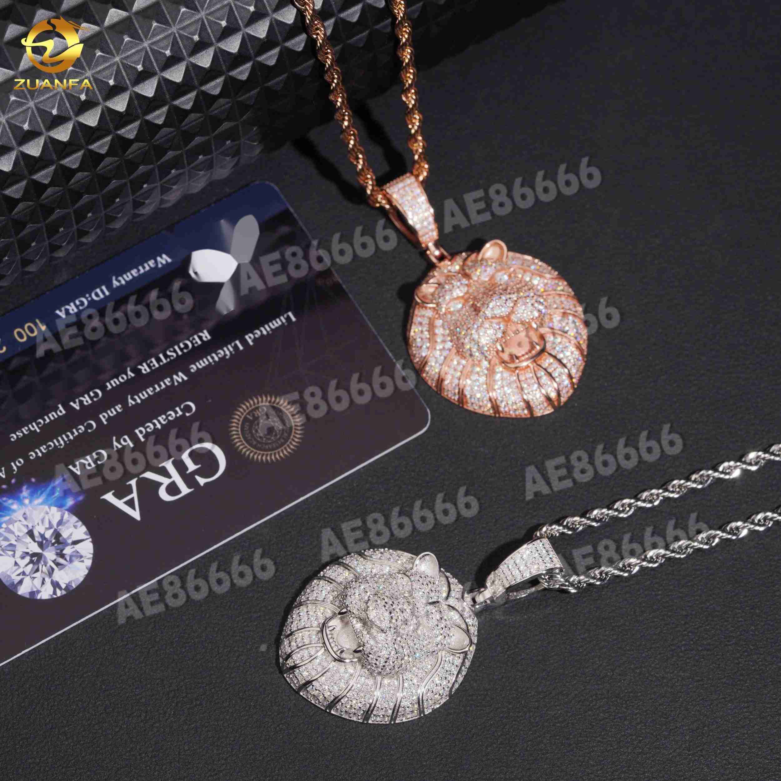 New Arrivals Hip Hop 3D Lion Head Pendant Iced Out VVS Moissanite S925 Sterling Silver Rose Gold Rapper Charm Icy Bling Necklace For Men With GRA Cert
