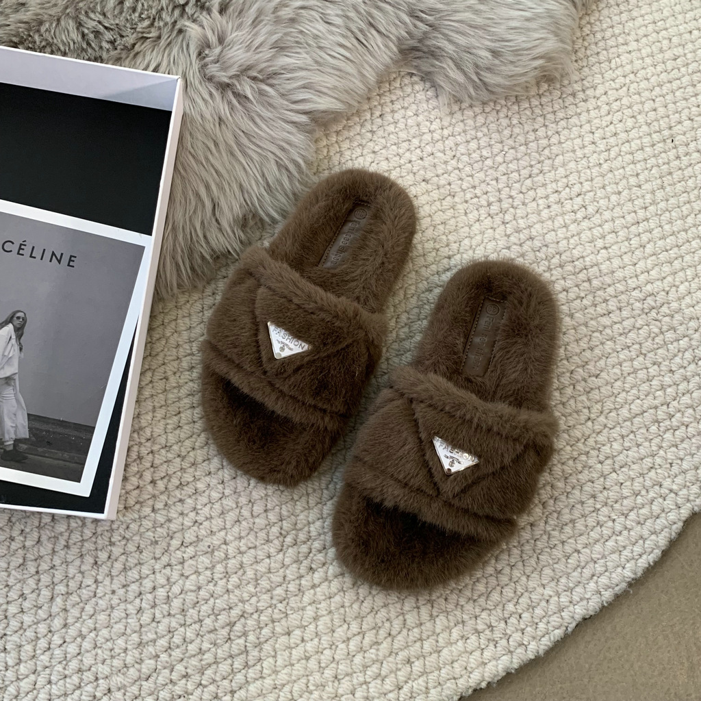 Thick-Soled French-Style Furry Shoes Women, Suitable For Outdoor Wear New Autumn And Winter Warm Cotton Slippers