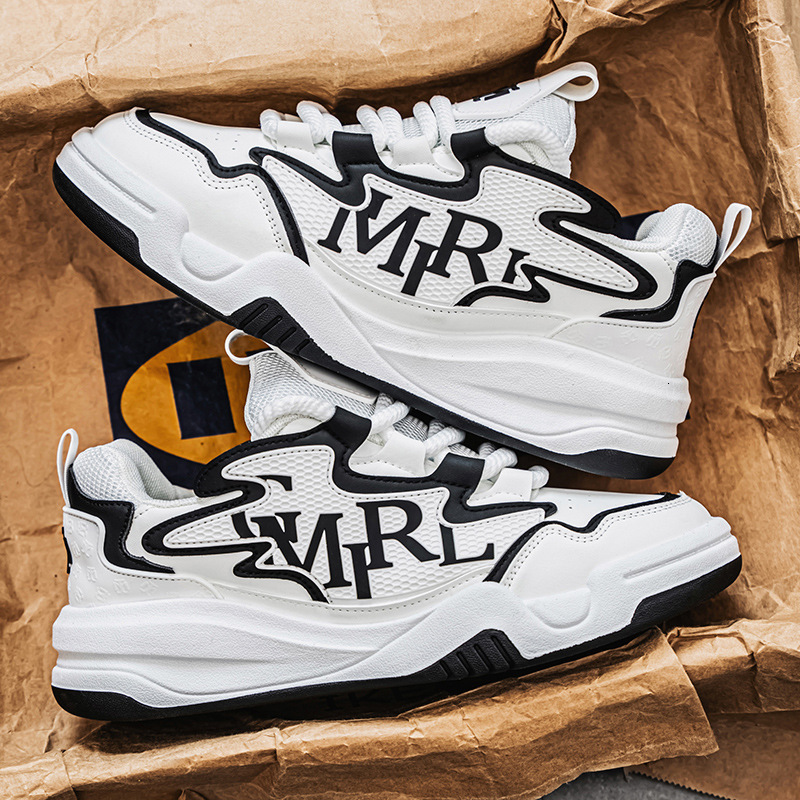 Men's new autumn versatile leather running sneakers height-increasing thick-soled dad shoes Black Chunky Sneakers Cool Silver Letter Print Casual
