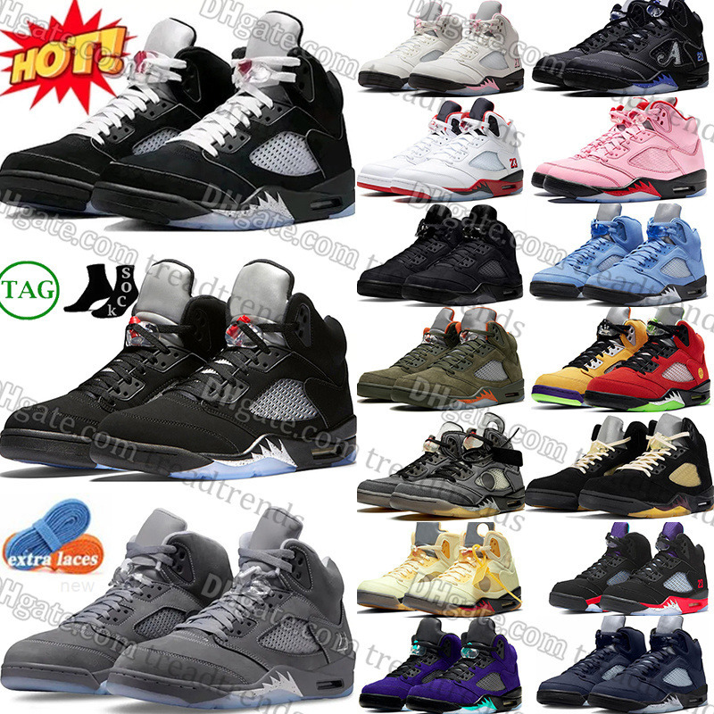 With box 5 Mens Basketball Shoe 5s Black Metallic Reimagined Wolf Grey Fire Red Medium Soft Pink Muslin Racer Blue Aqua Olive Midnight Navy Sneakers T
