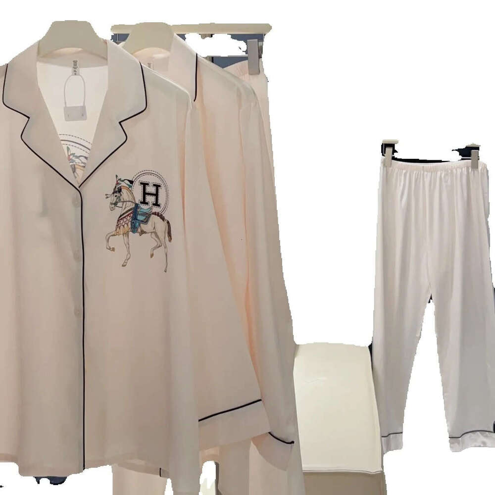 Couple Ice Silk Pajama Set Spring Long Sleeve 2 Piece Loungewear Horse Print Satin Like Soft Comfort Lightweight Casual Sleepwear Homewear For Him And