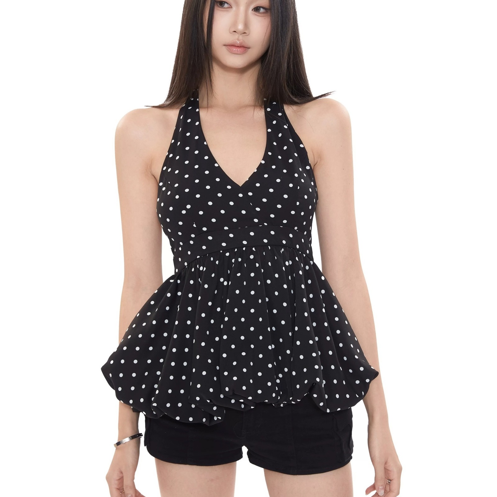 Unique sleeveless top new style camisole for women halter neck slimming design fitted womens clothing 2025 black polka dotT200708
