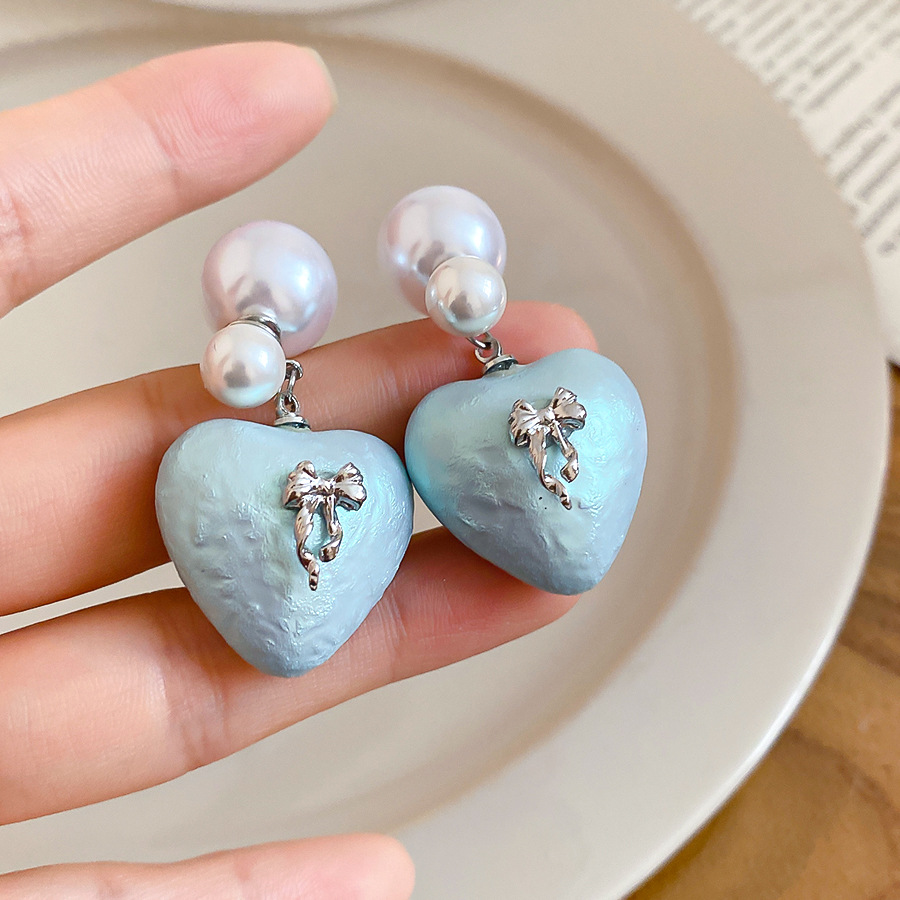 Fresh Elegant Blue Heart-Shaped Bowknot Pearl Earrings for Women, Fashionable Versatile, Luxurious and Sophisticated Ear Accessories - view 5