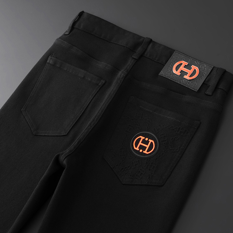 Autumn Thick Boutique Men's Designer Jeans Luxury Fashion Black Small Foot Elastic Slimming Business Casual Pants Trendy Brand Essential Basic Sp