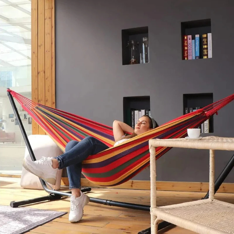 Outdoor Thickened Canvas Hammock Camping Swing Net Hed Anti Rollover Striped Hanging Chair 260418