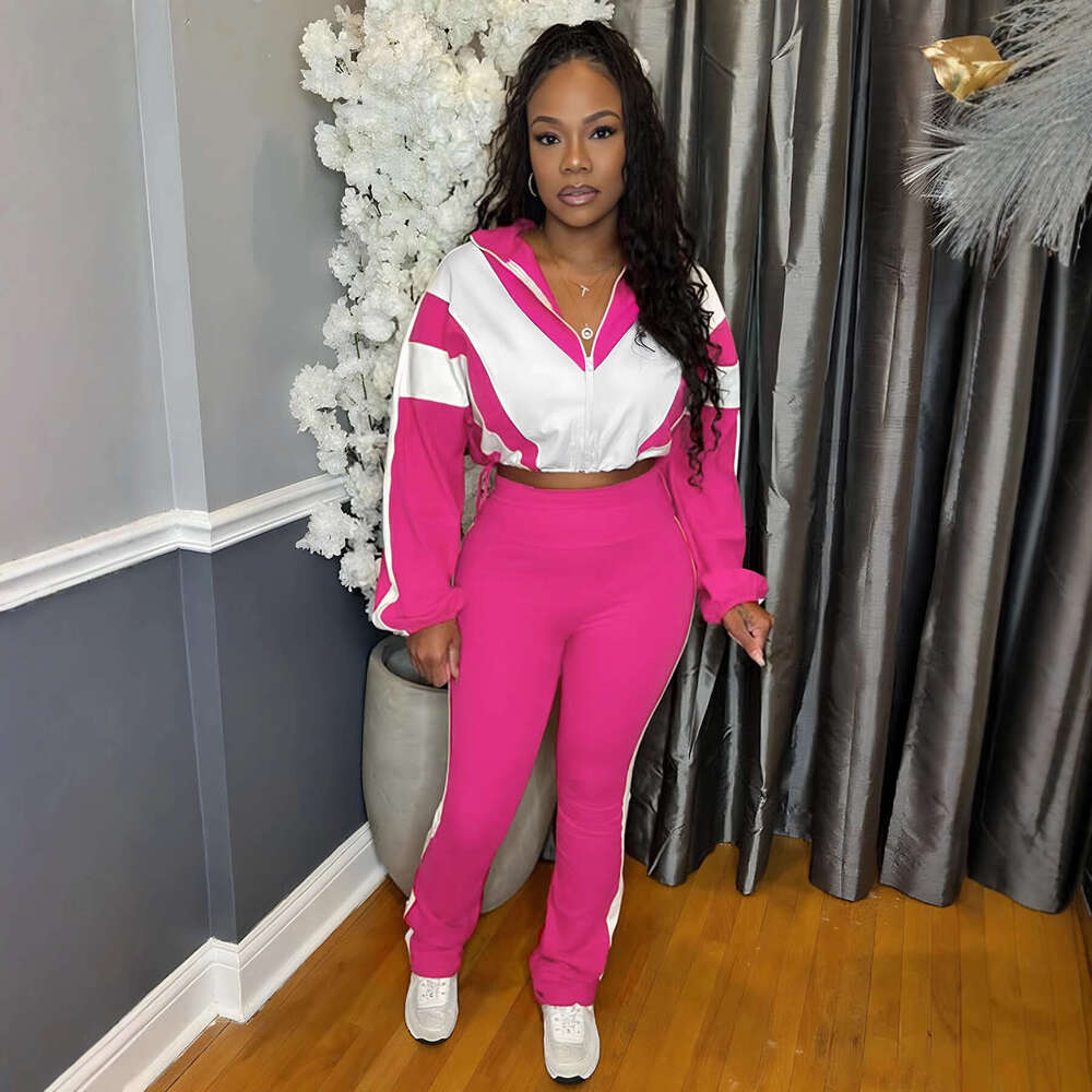 LuxuryColor Block Patchwork Sports Women's Fashion Casual High Waist Pants + Cardigan Jacket Two-Piece Set - view 5