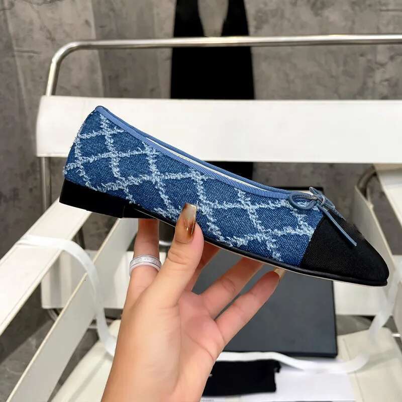 Shoes New Bowtie Denim Ballet leather Round toe cap heels flats for grils womens Luxury Designers Top quality Casual Dress shoes factory footwear